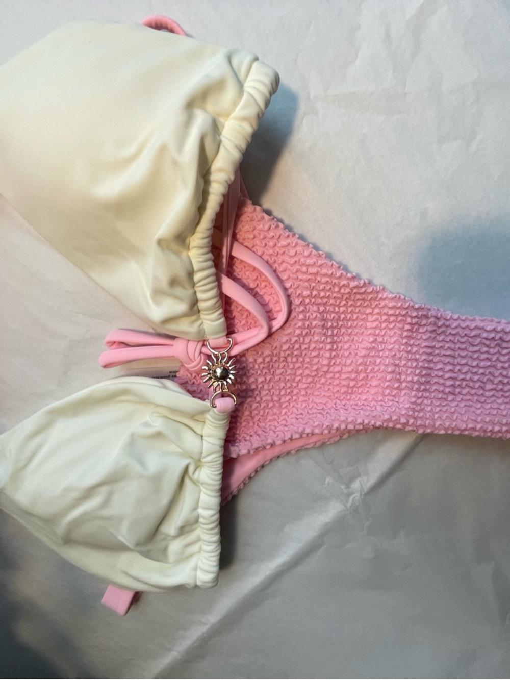 Pink and Cream Smocked Bikini Top with Sun Charm